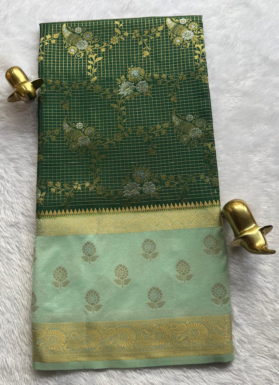 Semi Mysore Silk Gold Zari With Flower Butta Border & Rich Pallu