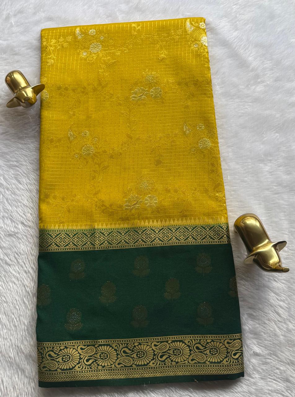Semi Mysore Silk Gold Zari With Flower Butta Border & Rich Pallu