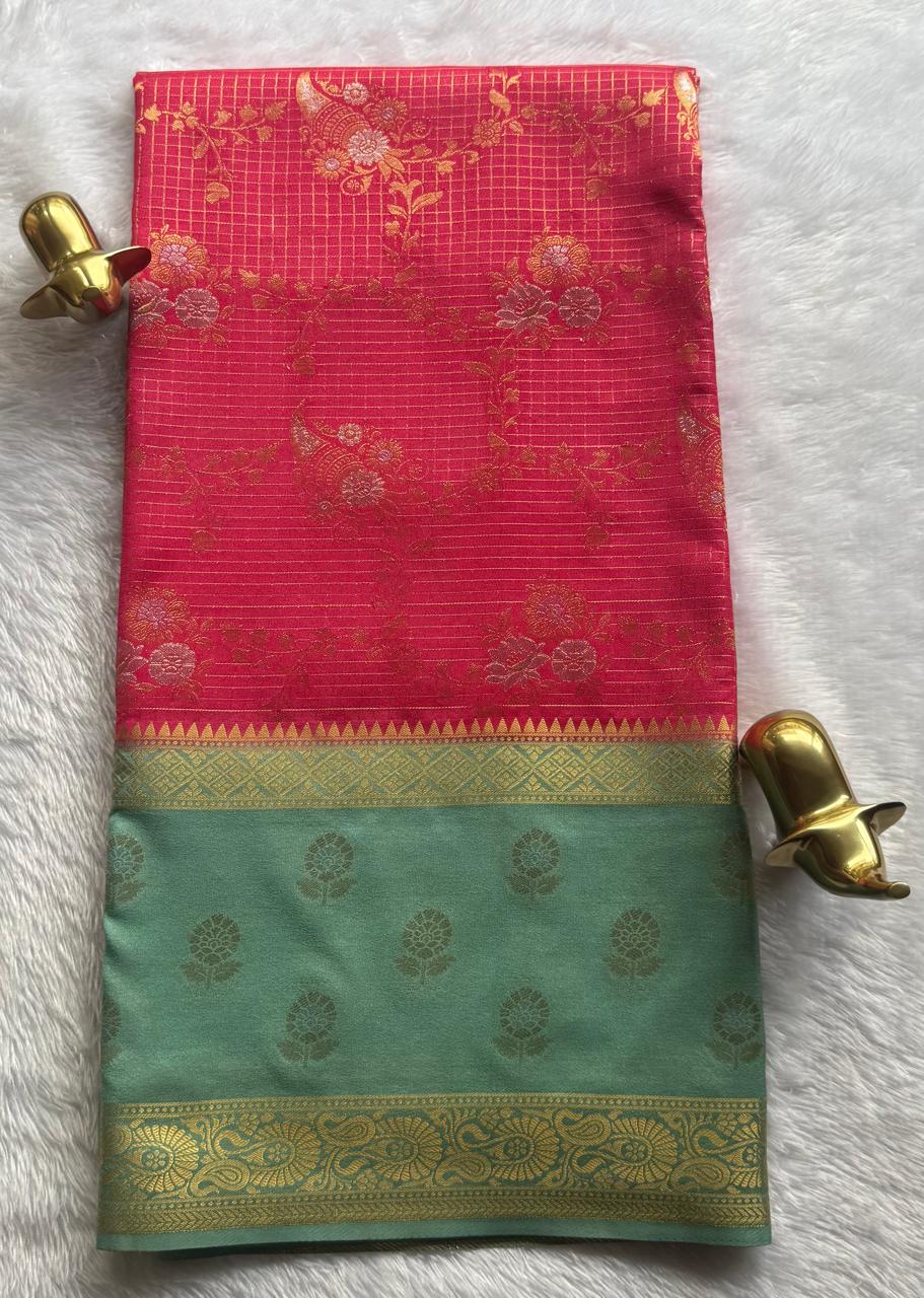 Semi Mysore Silk Gold Zari With Flower Butta Border & Rich Pallu