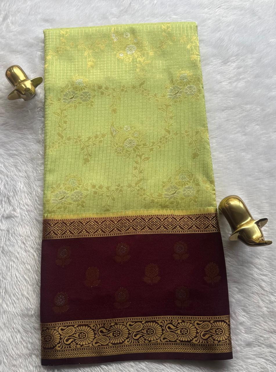 Semi Mysore Silk Gold Zari With Flower Butta Border & Rich Pallu