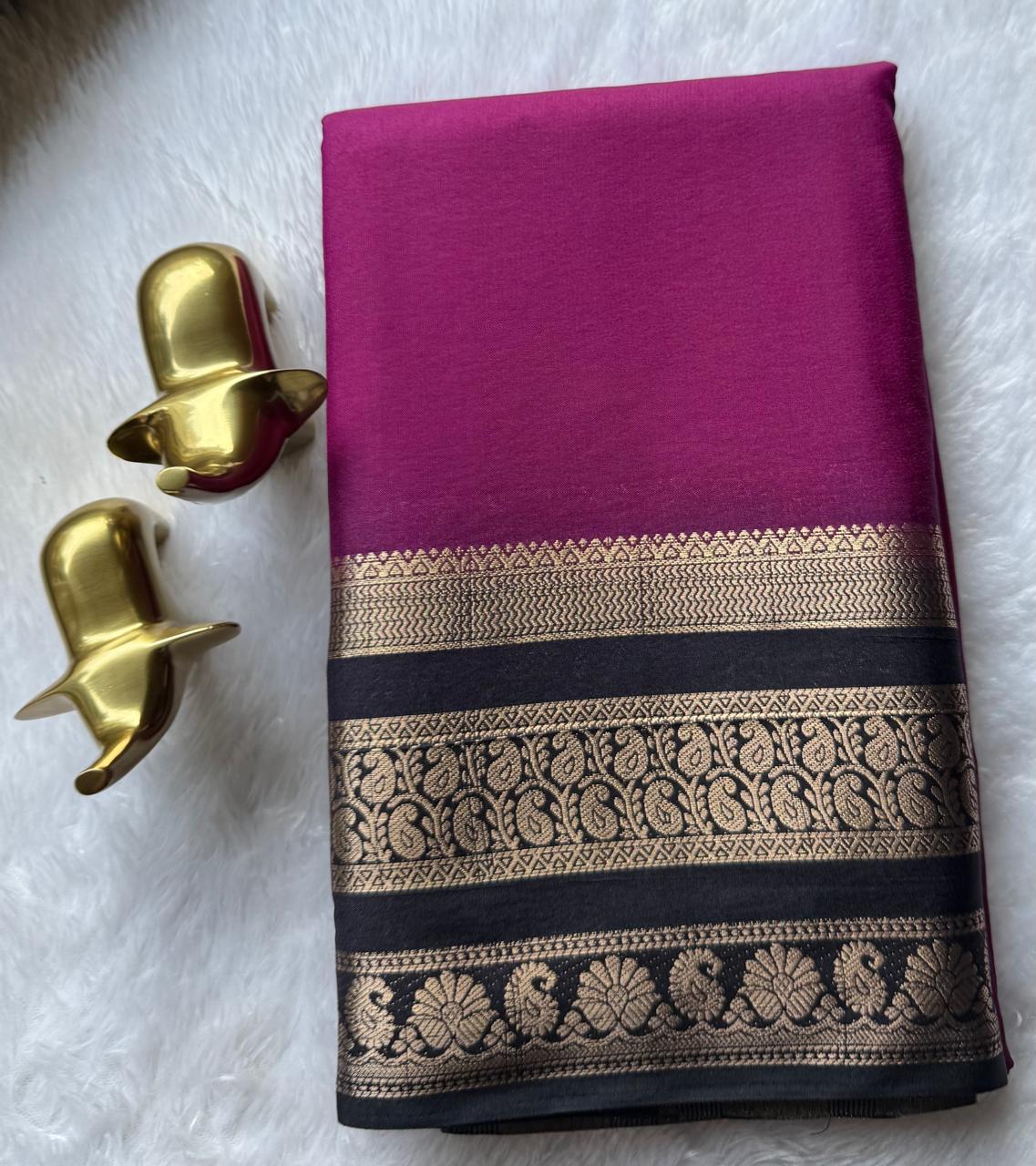 Semi Mysore Silk Plain Mango & Flower Border, Washable