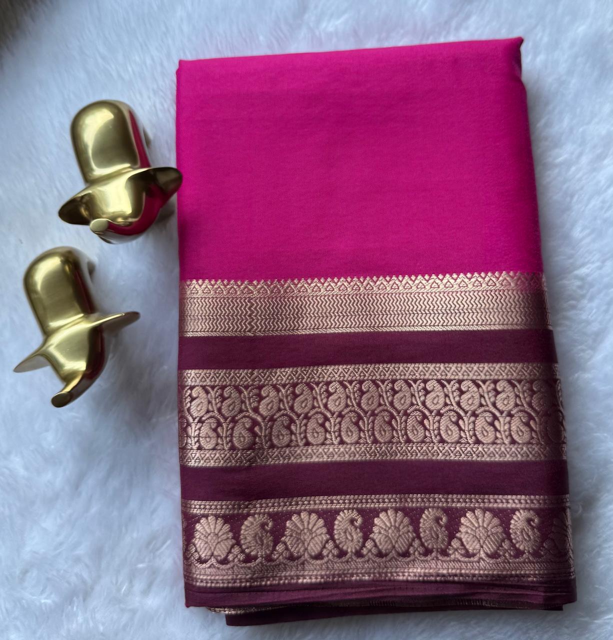 Semi Mysore Silk Plain Mango & Flower Border, Washable