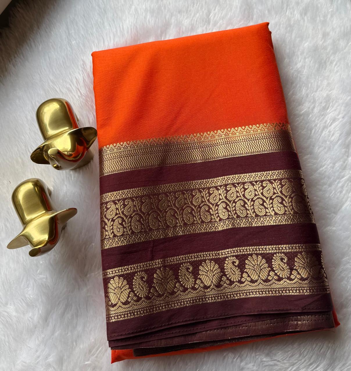 Semi Mysore Silk Plain Mango & Flower Border, Washable