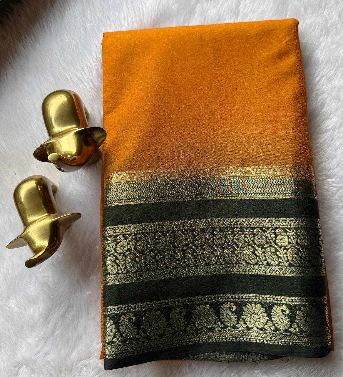 Semi Mysore Silk Plain Mango & Flower Border, Washable