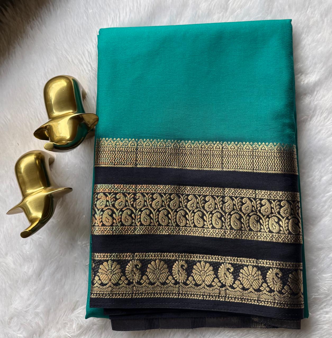 Semi Mysore Silk Plain Mango & Flower Border, Washable
