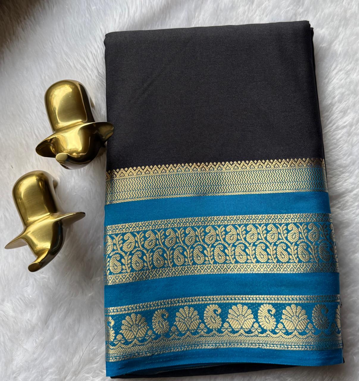 Semi Mysore Silk Plain Mango & Flower Border, Washable