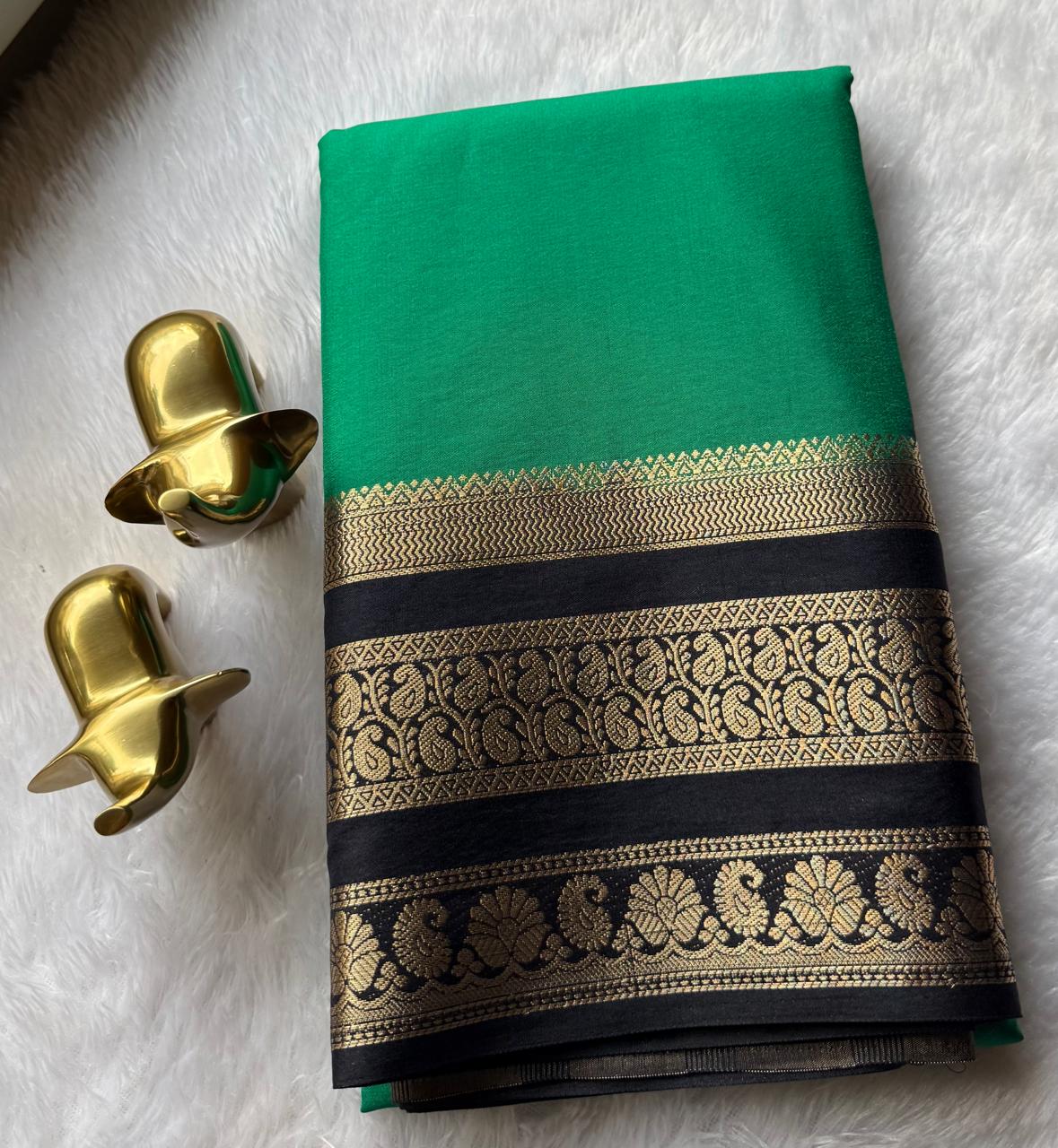 Semi Mysore Silk Plain Mango & Flower Border, Washable