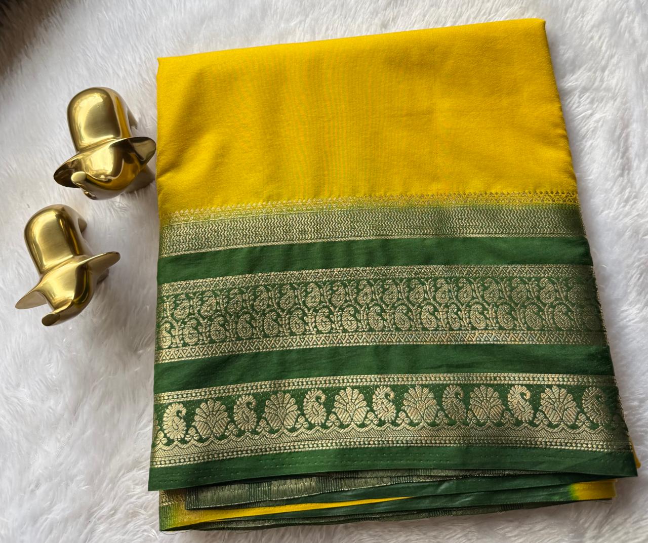 Semi Mysore Silk Plain Mango & Flower Border, Washable