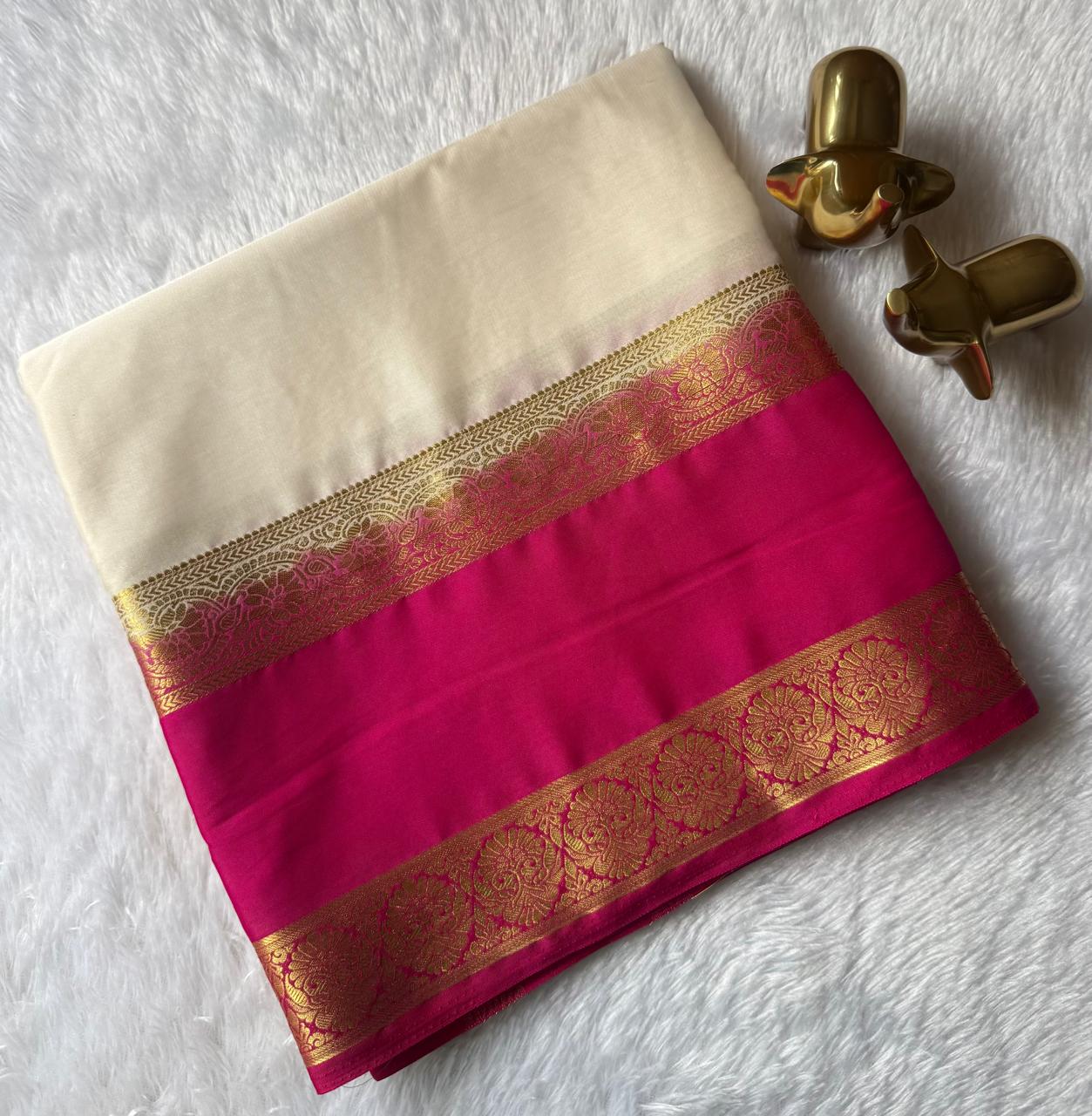 Semi Mysore Silk Double Side Flower Bentex Border Contrast, Washable
