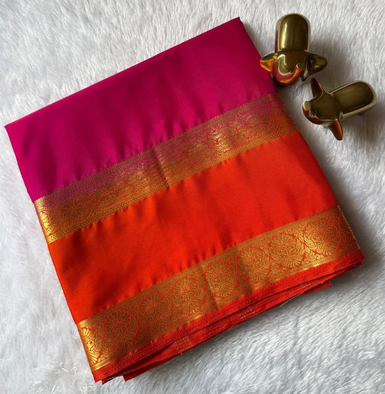 Semi Mysore Silk Double Side Flower Bentex Border Contrast, Washable