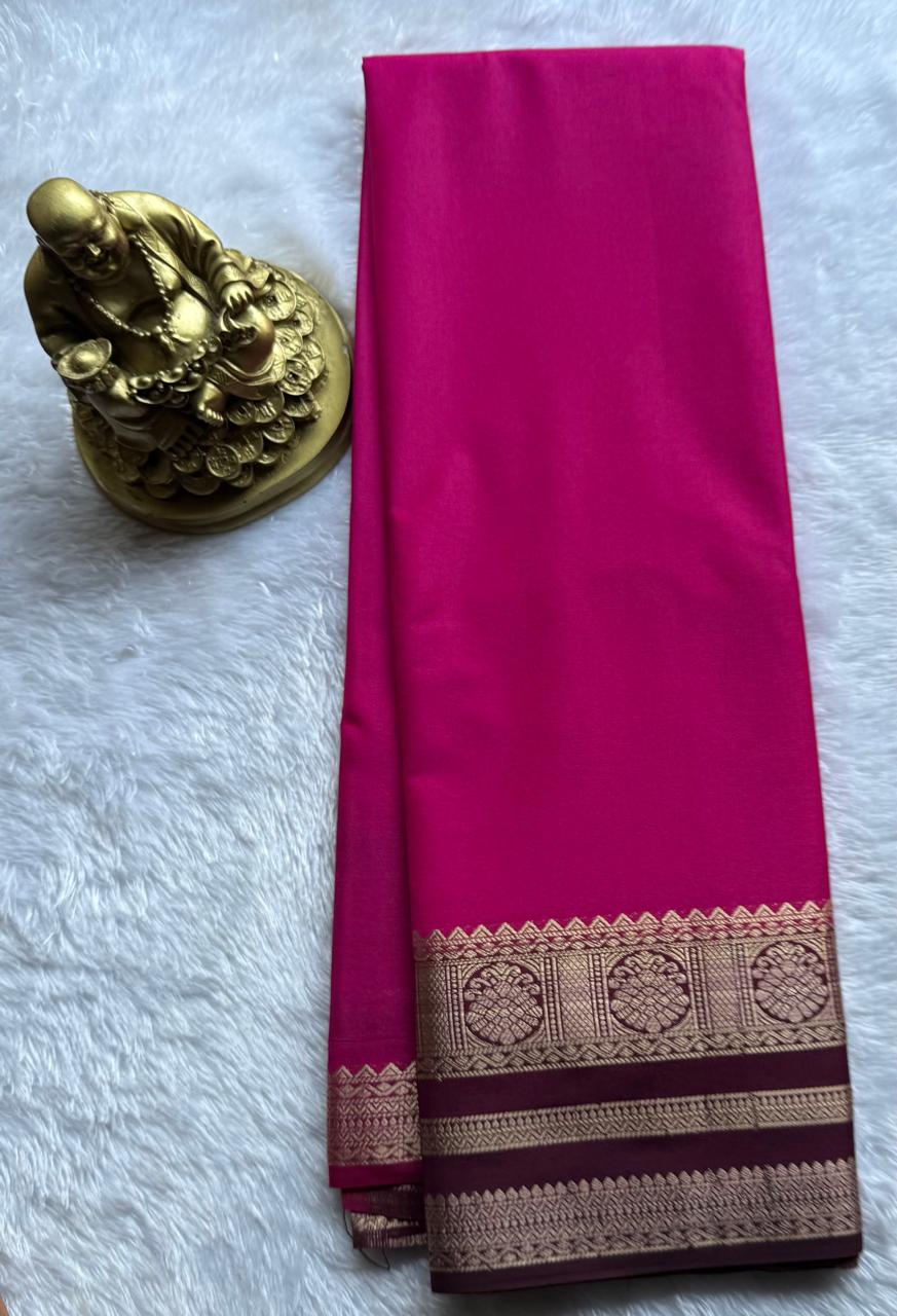 Semi Mysore Silk Plain With Kalasa Border, Washable