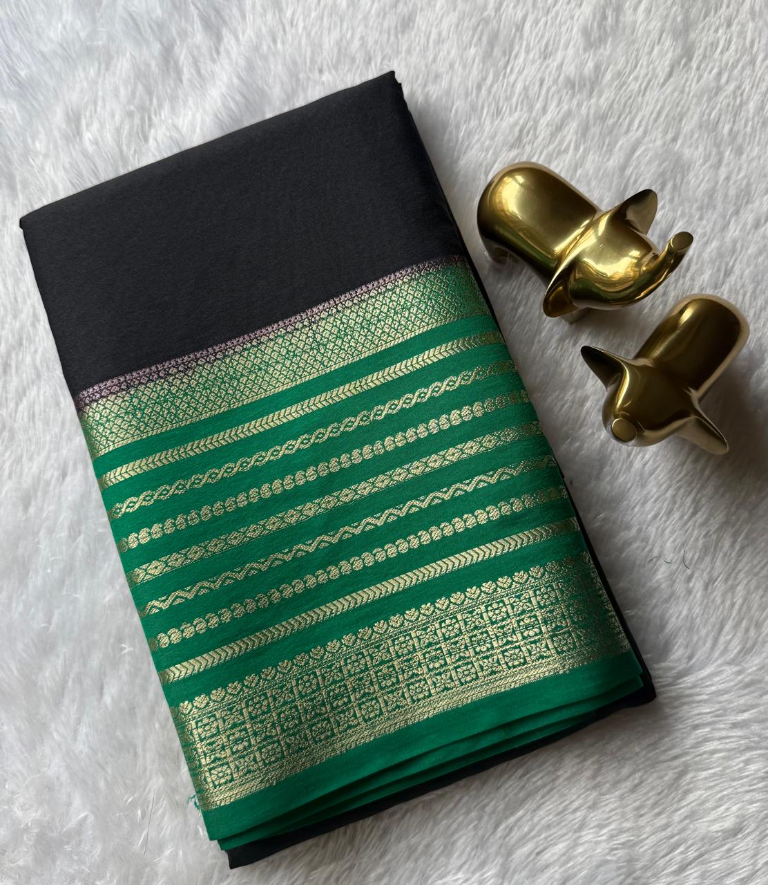 Semi Mysore Silk Plain With Mango Strips Border, Washable
