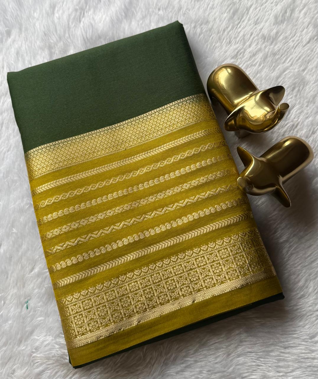 Semi Mysore Silk Plain With Mango Strips Border, Washable