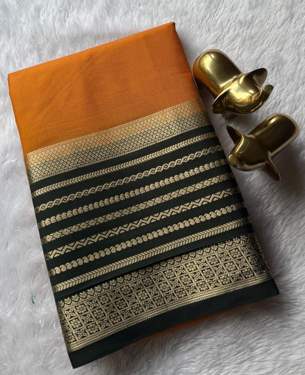 Semi Mysore Silk Plain With Mango Strips Border, Washable