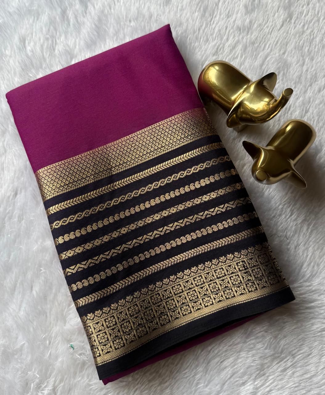 Semi Mysore Silk Plain With Mango Strips Border, Washable