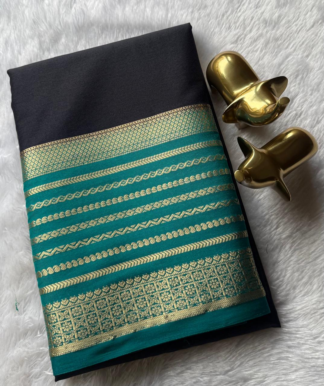 Semi Mysore Silk Plain With Mango Strips Border, Washable