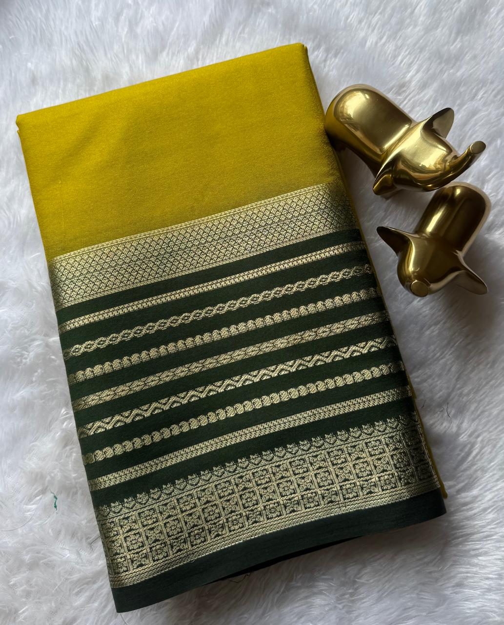 Semi Mysore Silk Plain With Mango Strips Border, Washable