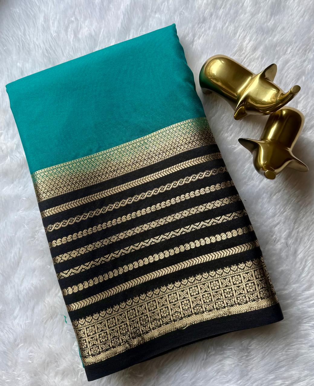 Semi Mysore Silk Plain With Mango Strips Border, Washable