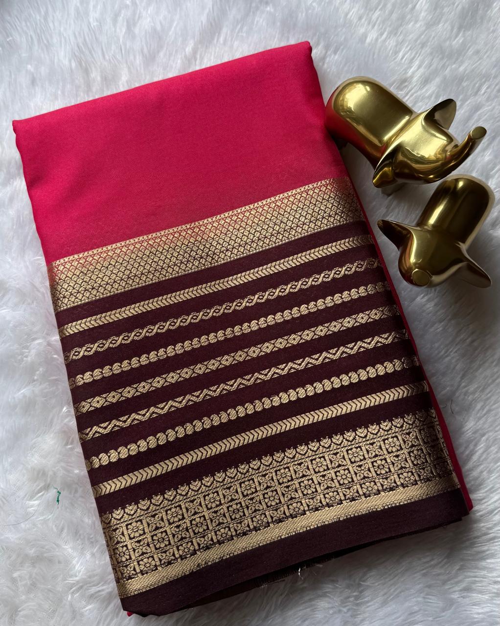 Semi Mysore Silk Plain With Mango Strips Border, Washable