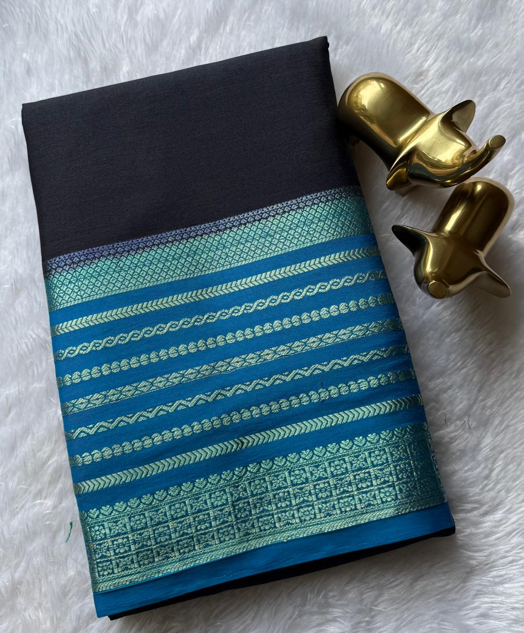 Semi Mysore Silk Plain With Mango Strips Border, Washable