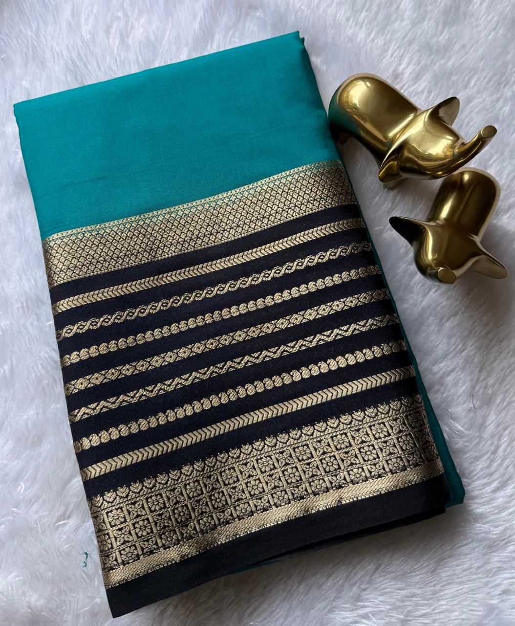 Semi Mysore Silk Plain With Mango Strips Border, Washable