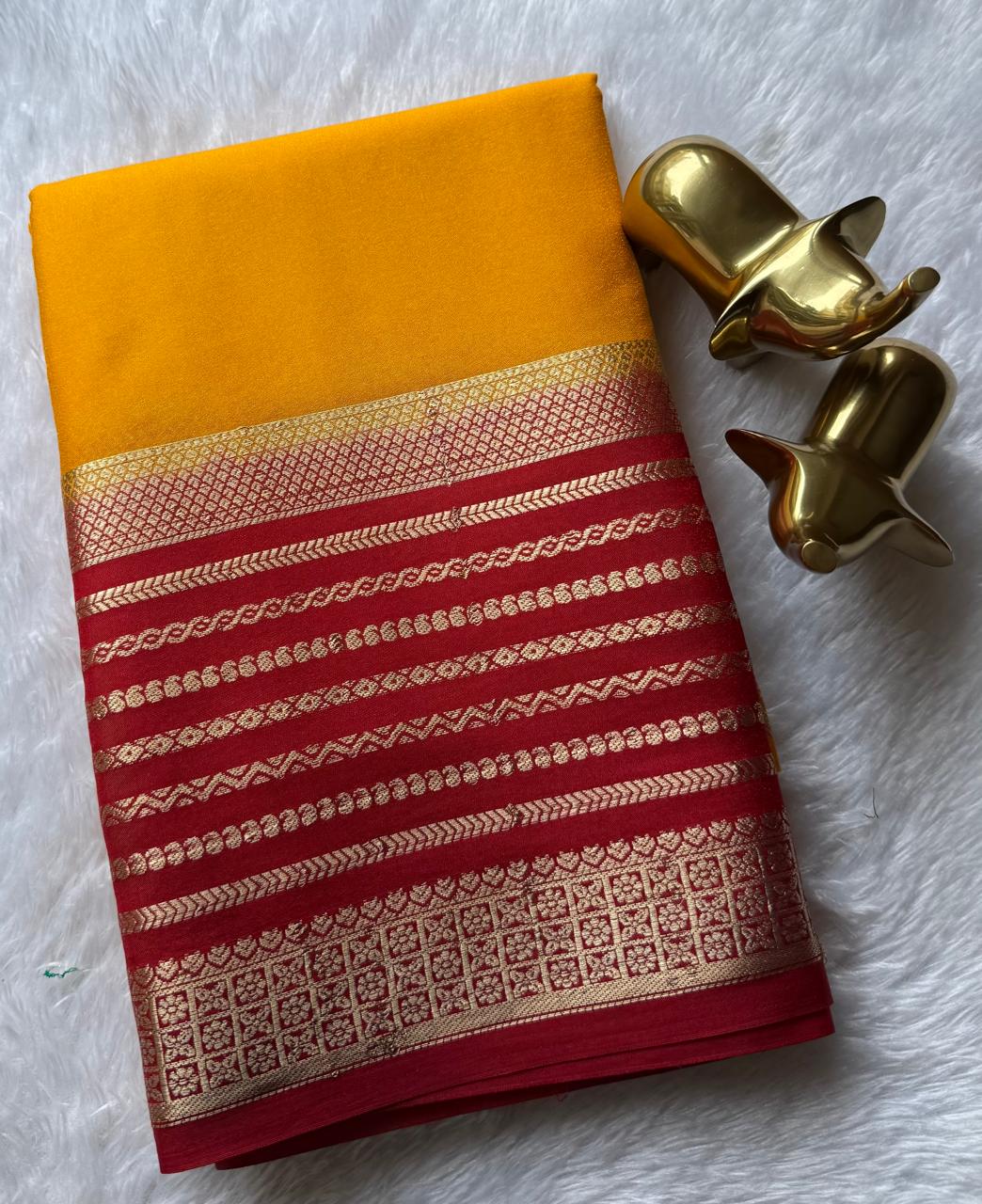 Semi Mysore Silk Plain With Mango Strips Border, Washable