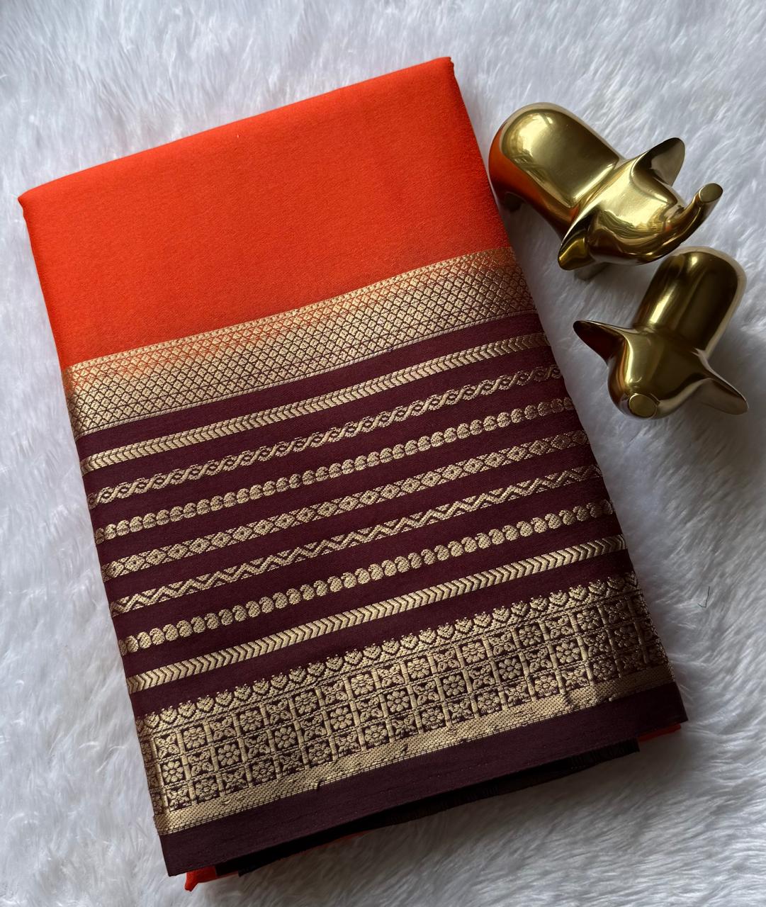 Semi Mysore Silk Plain With Mango Strips Border, Washable