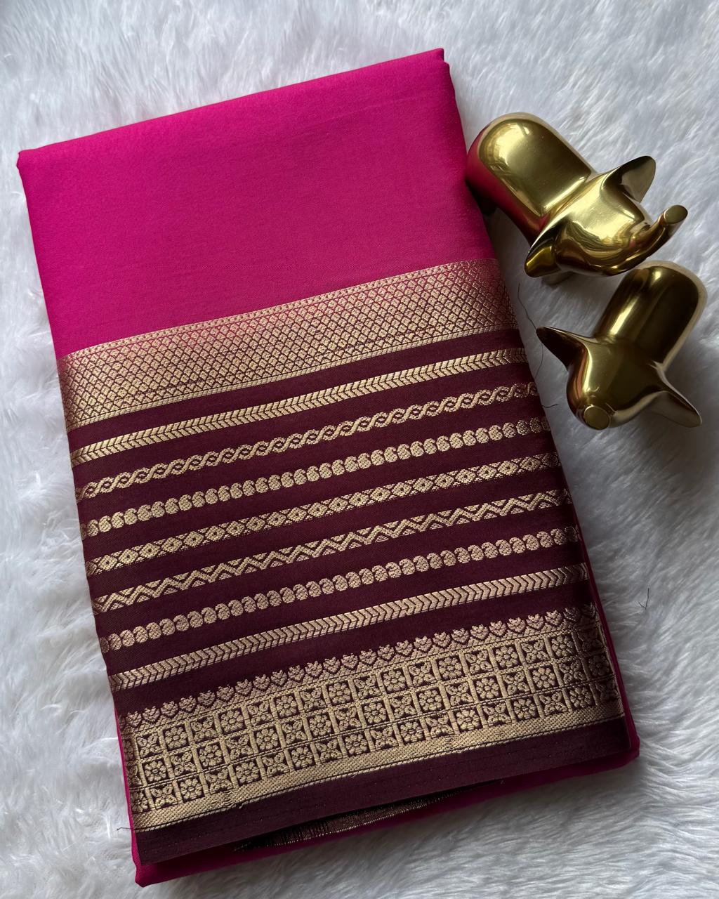 Semi Mysore Silk Plain With Mango Strips Border, Washable
