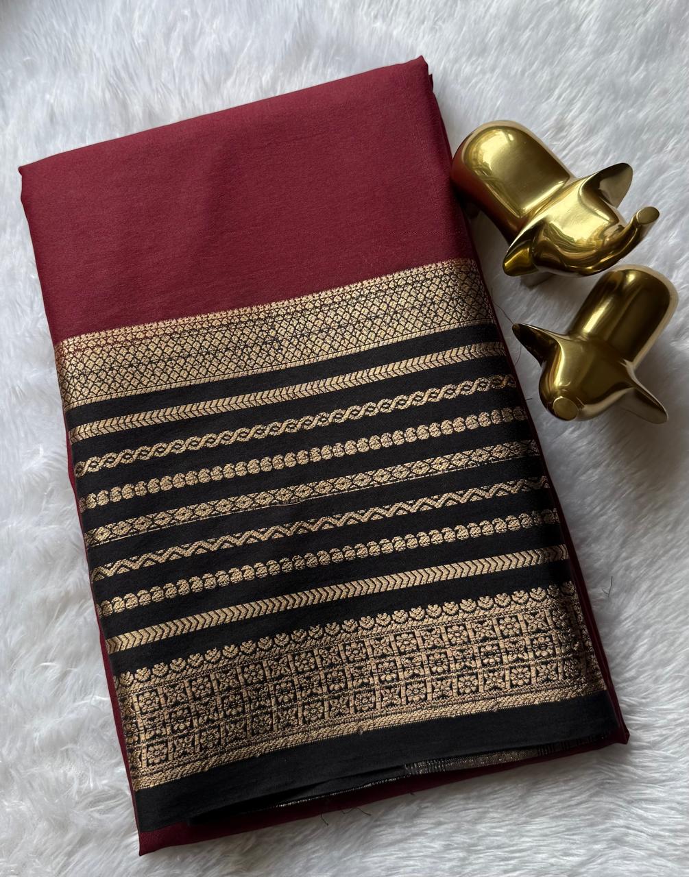 Semi Mysore Silk Plain With Mango Strips Border, Washable