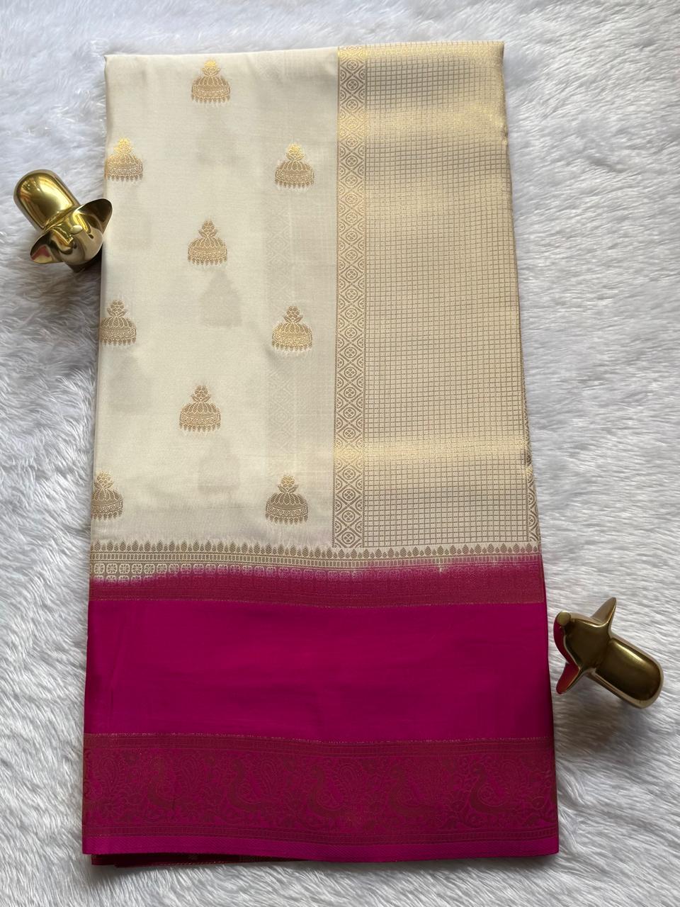 Semi Mysore Silk Jumka Butta With Rich Pallu And Pecock Border, Washable