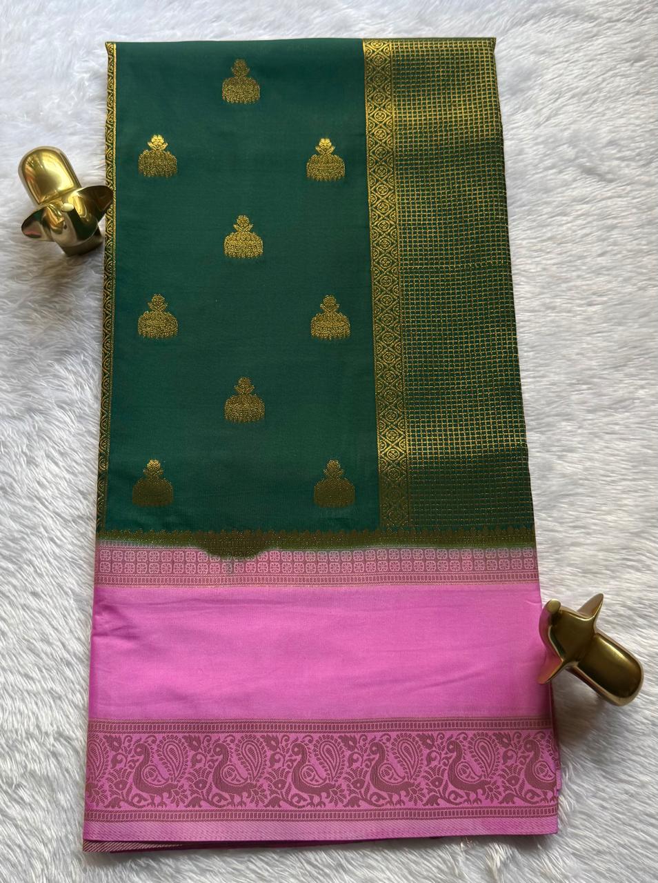 Semi Mysore Silk Jumka Butta With Rich Pallu And Pecock Border, Washable