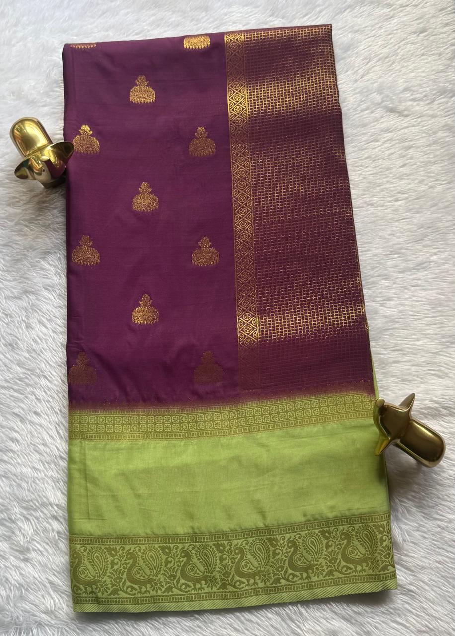 Semi Mysore Silk Jumka Butta With Rich Pallu And Pecock Border, Washable