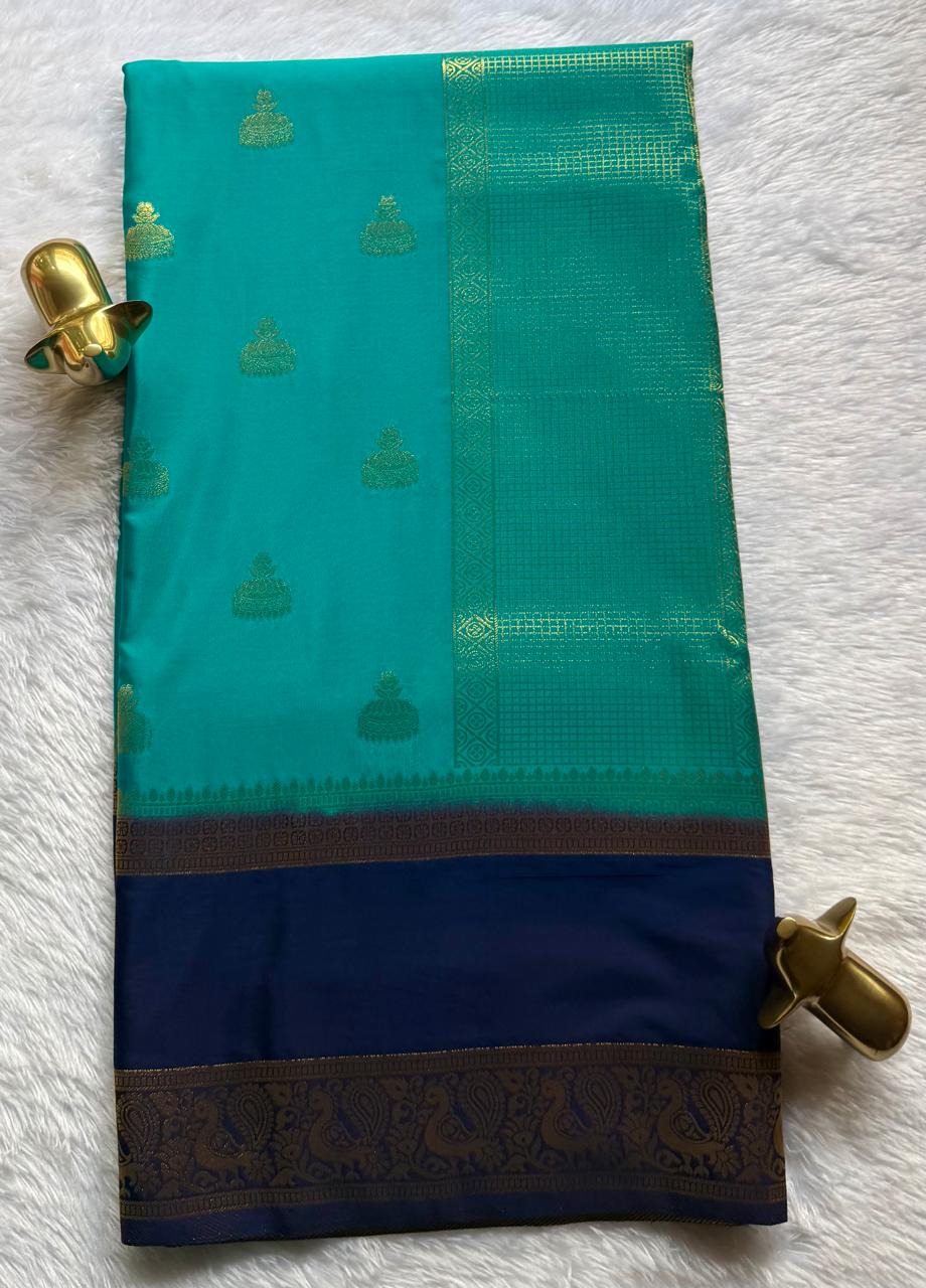 Semi Mysore Silk Jumka Butta With Rich Pallu And Pecock Border, Washable