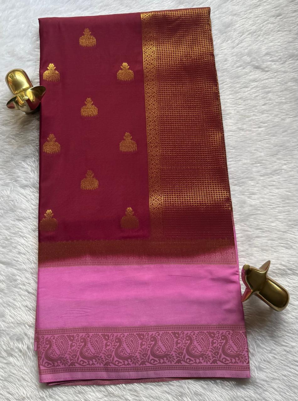 Semi Mysore Silk Jumka Butta With Rich Pallu And Pecock Border, Washable