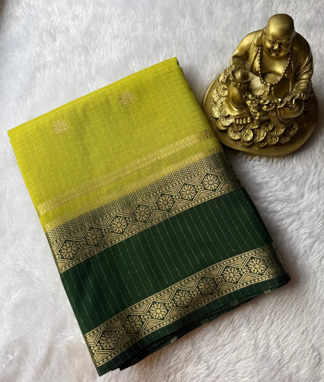 Semi Mysore Silk Small Checks Zari Butta With Bentex Border, Washable