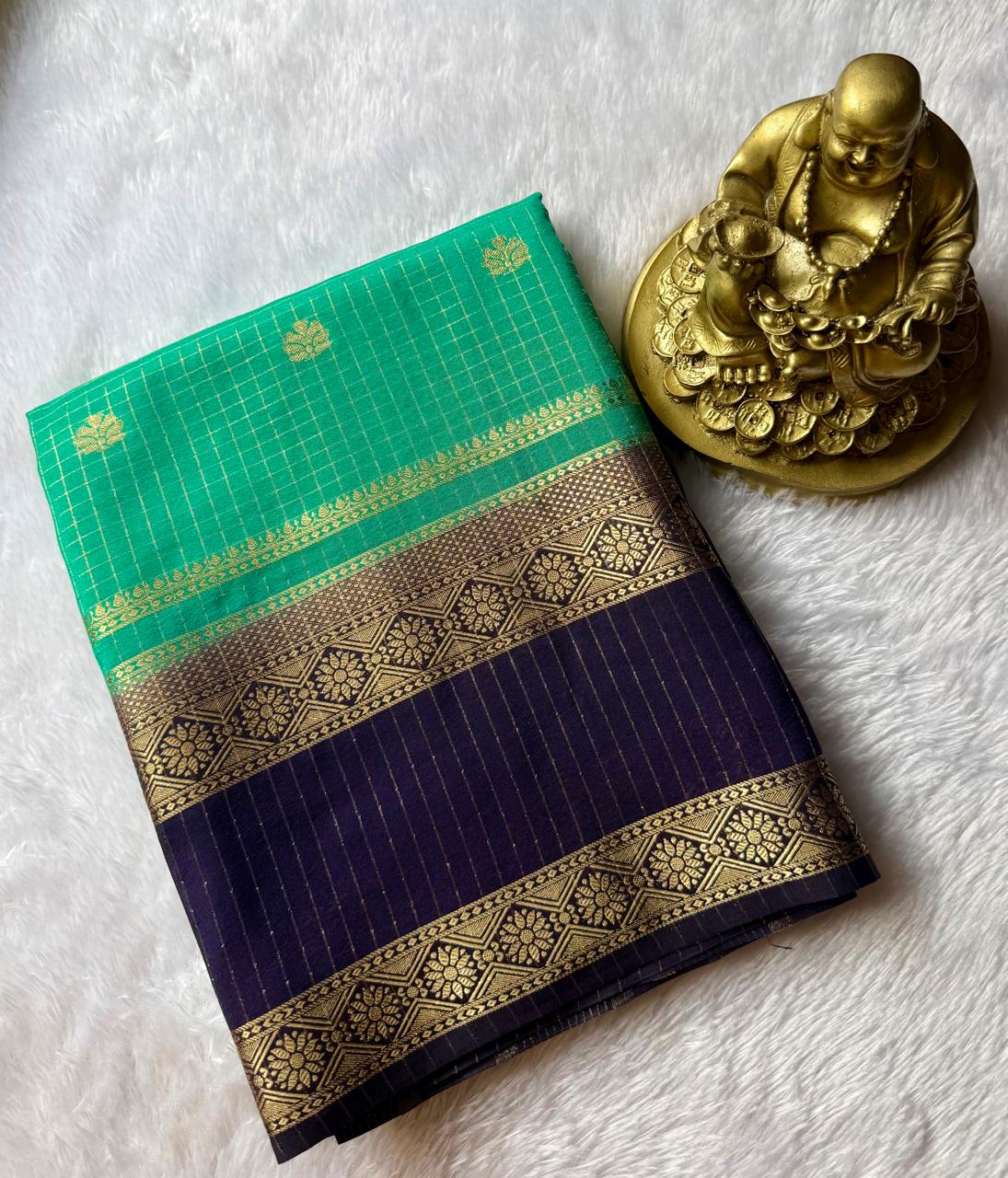 Semi Mysore Silk Small Checks Zari Butta With Bentex Border, Washable
