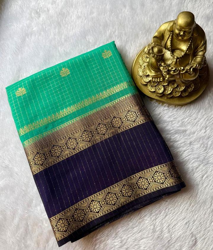 Semi Mysore Silk Small Checks Zari Butta With Bentex Border, Washable