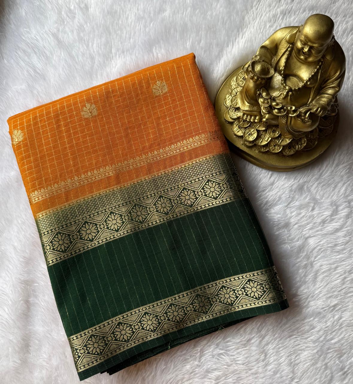 Semi Mysore Silk Small Checks Zari Butta With Bentex Border, Washable