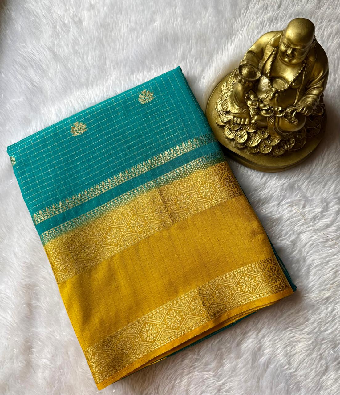 Semi Mysore Silk Small Checks Zari Butta With Bentex Border, Washable