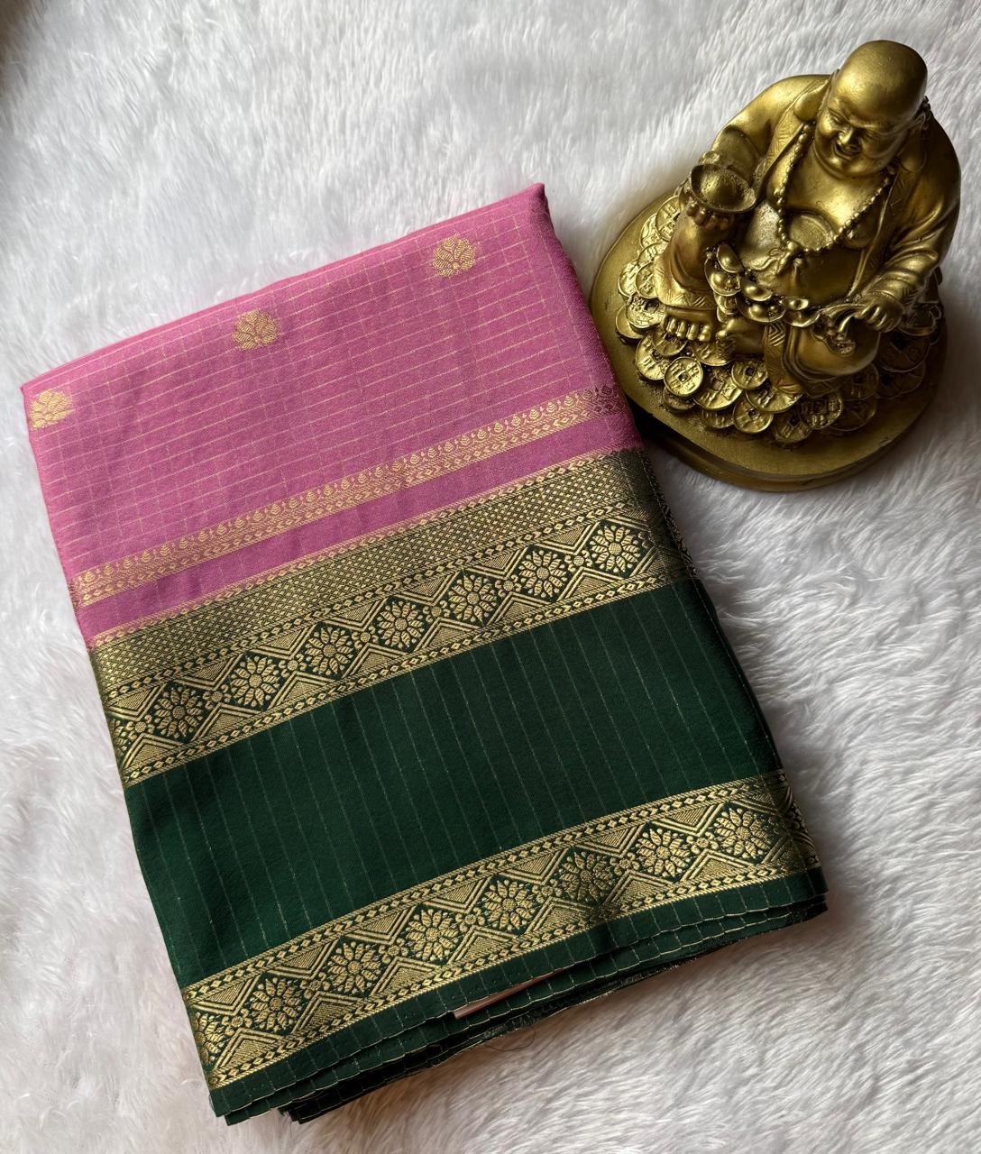 Semi Mysore Silk Small Checks Zari Butta With Bentex Border, Washable