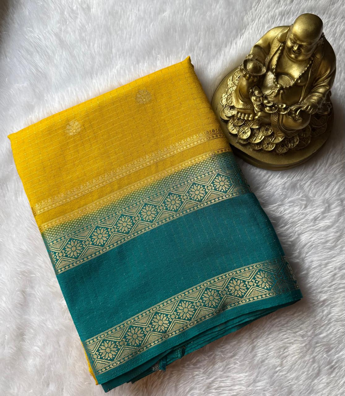 Semi Mysore Silk Small Checks Zari Butta With Bentex Border, Washable