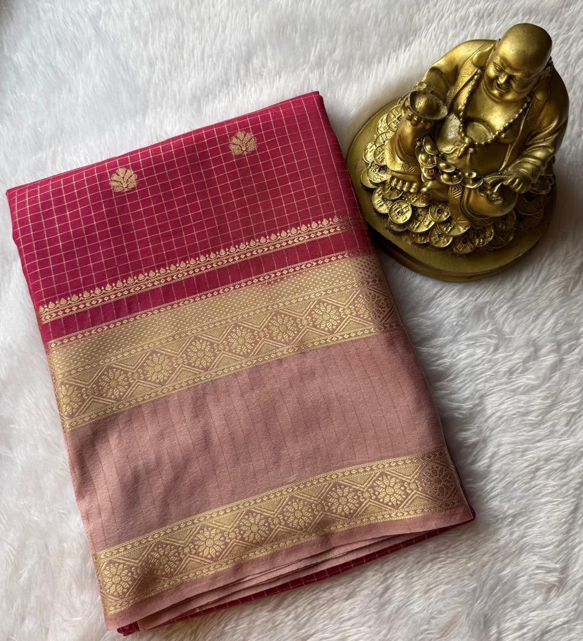 Semi Mysore Silk Small Checks Zari Butta With Bentex Border, Washable