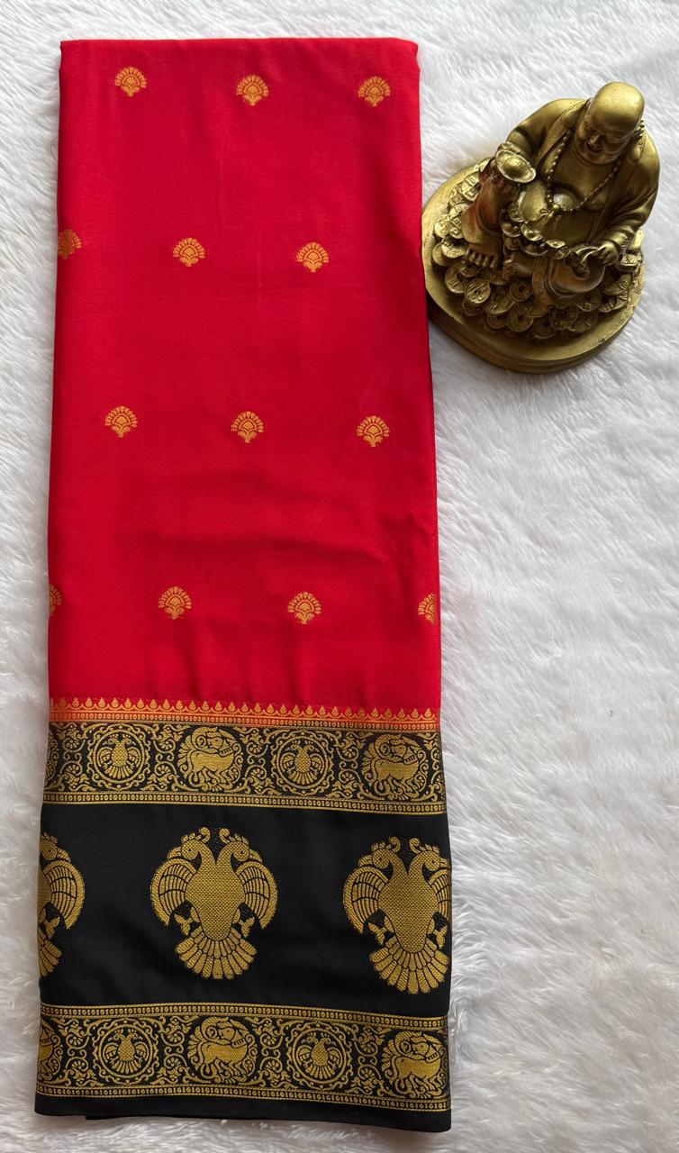 Semi Mysore Silk Small Butta With Gandaberunda Bentex Border, Washable