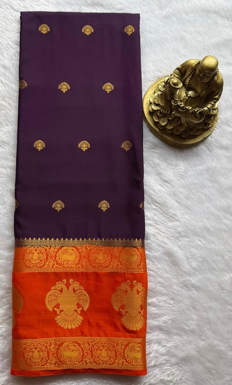 Semi Mysore Silk Small Butta With Gandaberunda Bentex Border, Washable