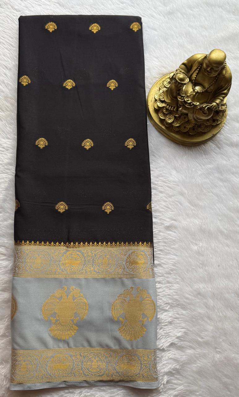 Semi Mysore Silk Small Butta With Gandaberunda Bentex Border, Washable