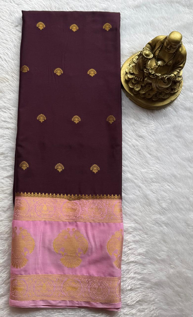 Semi Mysore Silk Small Butta With Gandaberunda Bentex Border, Washable