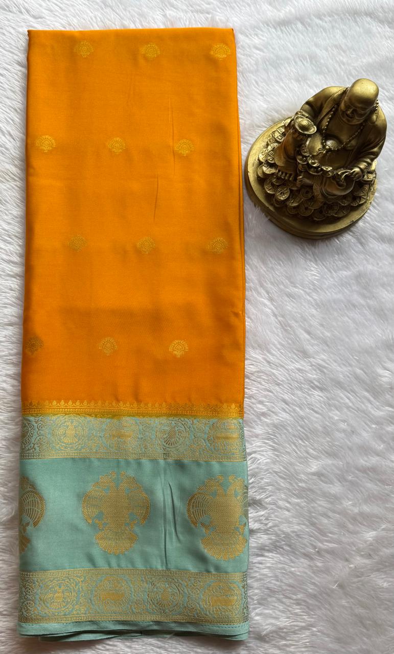 Semi Mysore Silk Small Butta With Gandaberunda Bentex Border, Washable