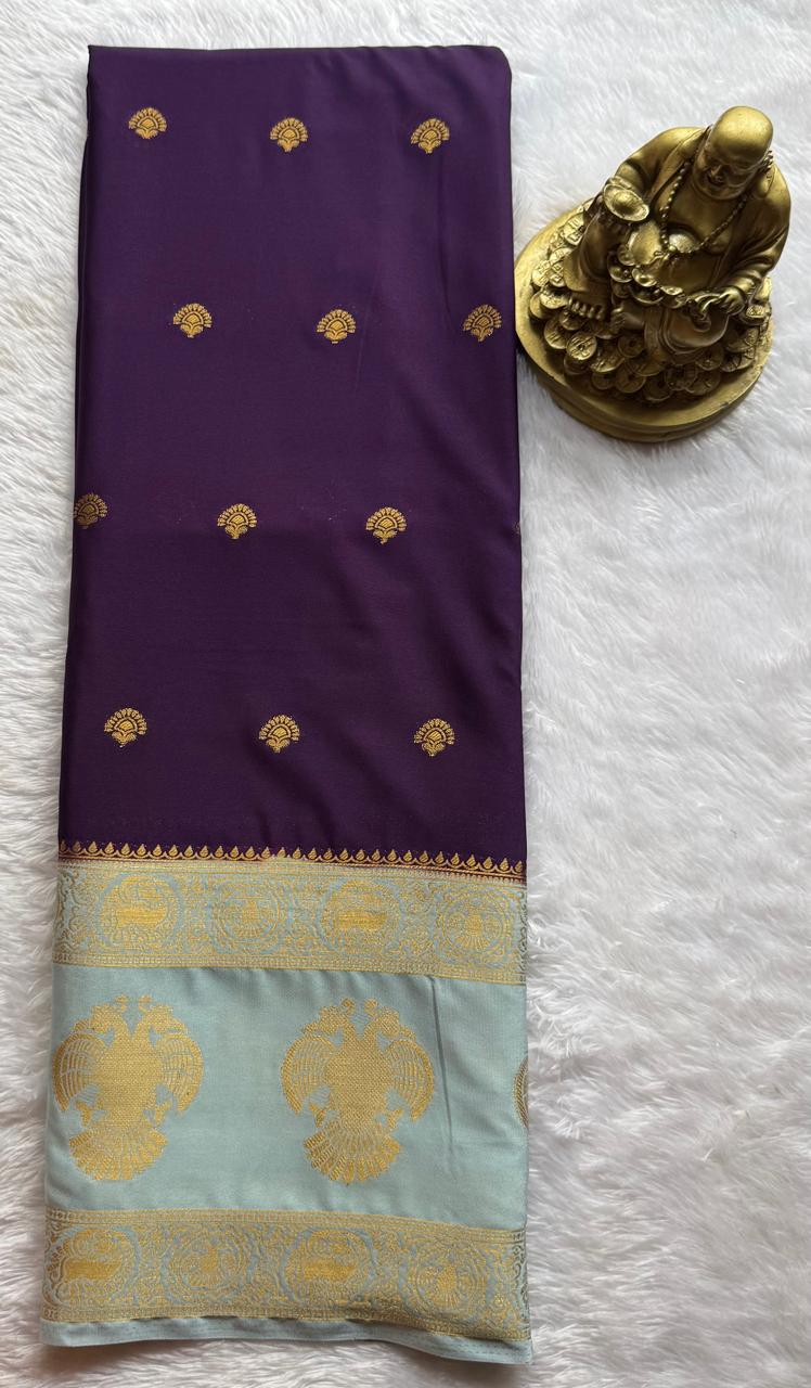 Semi Mysore Silk Small Butta With Gandaberunda Bentex Border, Washable