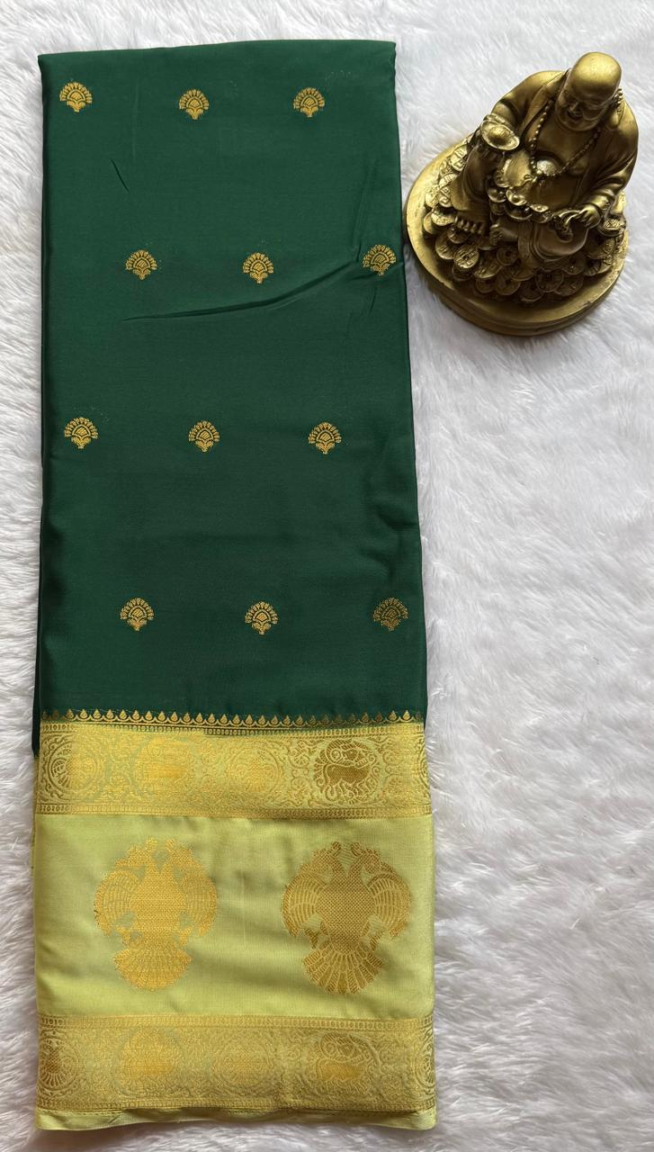 Semi Mysore Silk Small Butta With Gandaberunda Bentex Border, Washable