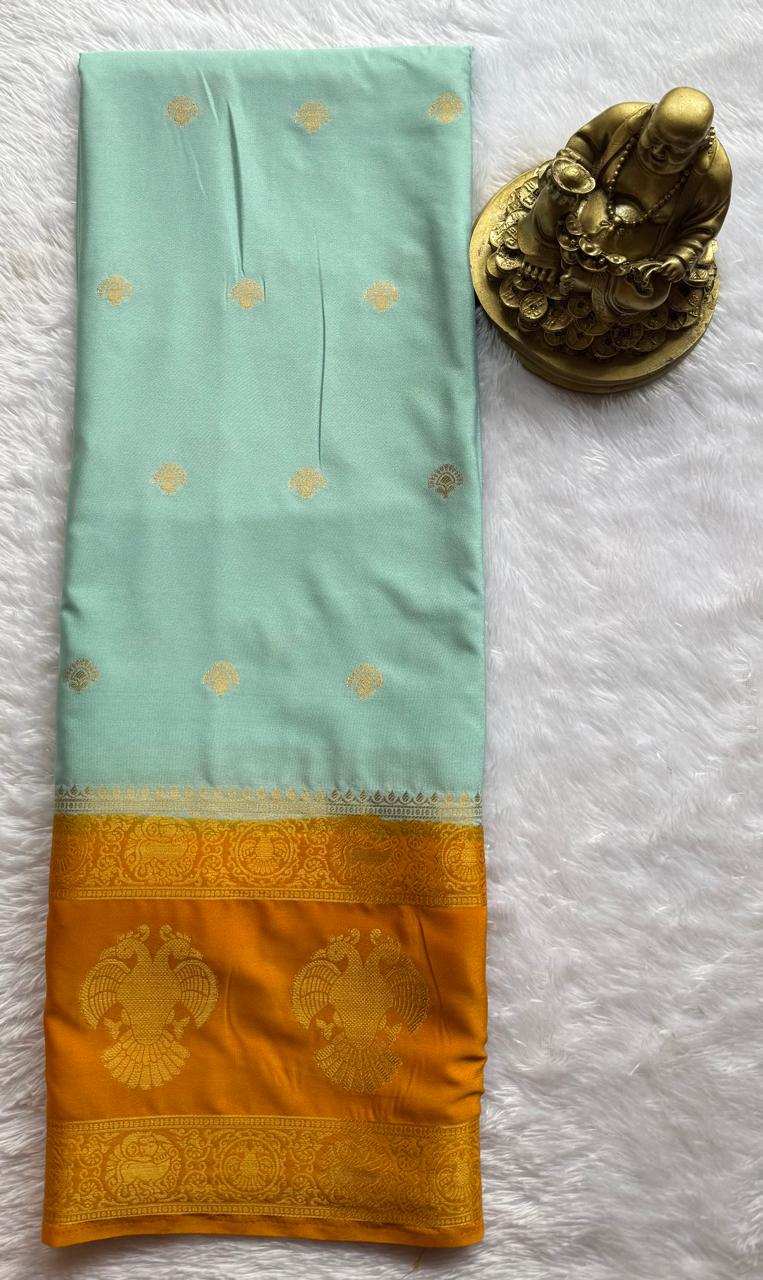 Semi Mysore Silk Small Butta With Gandaberunda Bentex Border, Washable